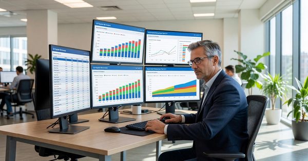 Procurement manager reviewing automated supplier quote comparison dashboard on multiple screens in a modern office
