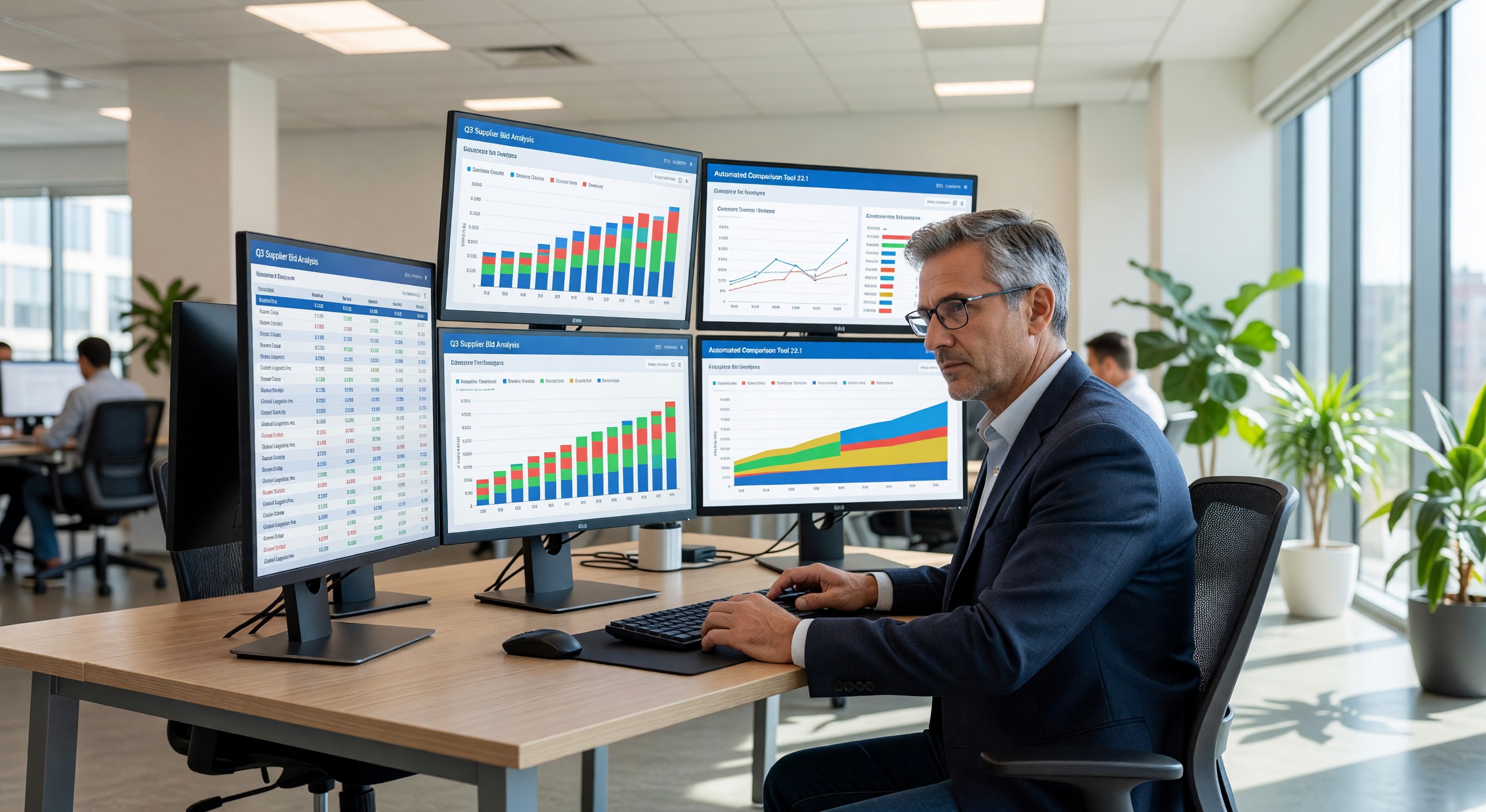 Procurement manager reviewing automated supplier quote comparison dashboard on multiple screens in a modern office