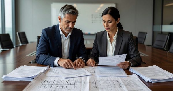 Two procurement professionals reviewing contract terms across a conference table with technical drawings and quote documents