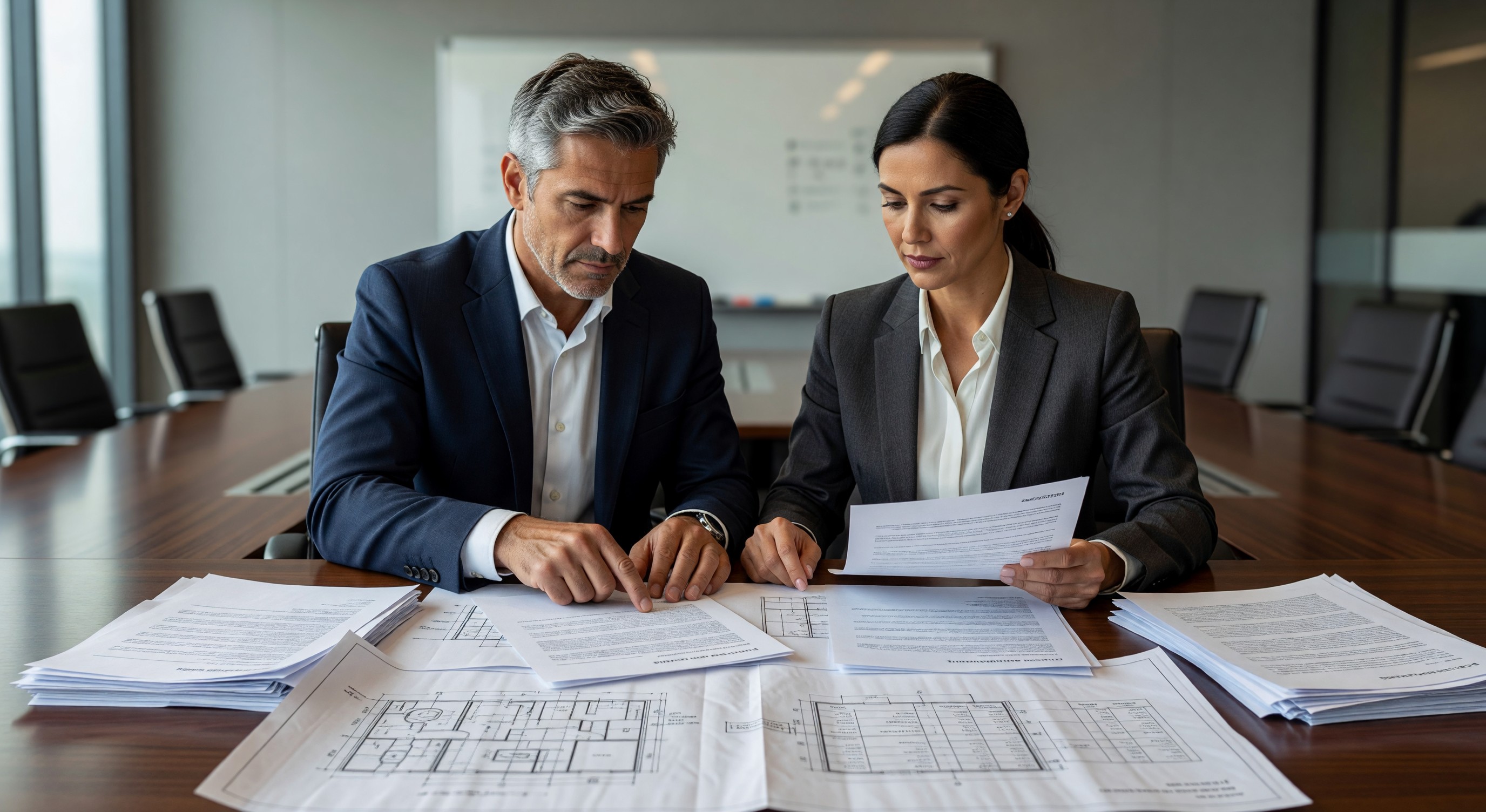 Two procurement professionals reviewing contract terms across a conference table with technical drawings and quote documents