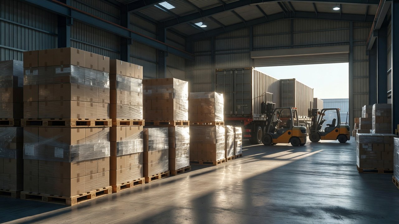 Pallets of packaged goods stacked in a factory warehouse awaiting shipment