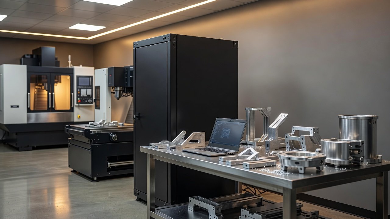 Server cabinet and laptop on a workbench beside milled aluminum parts in a machine shop