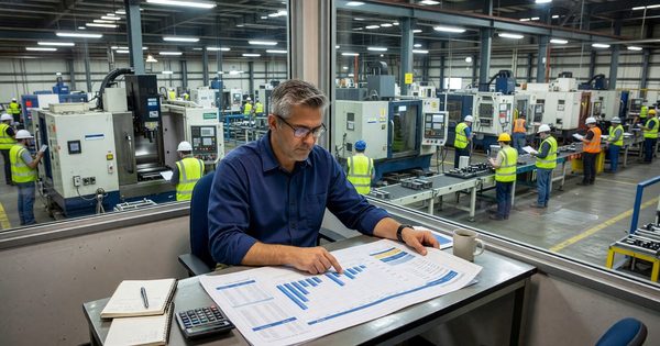 Procurement manager reviewing production capacity plans with manufacturing floor visible in background