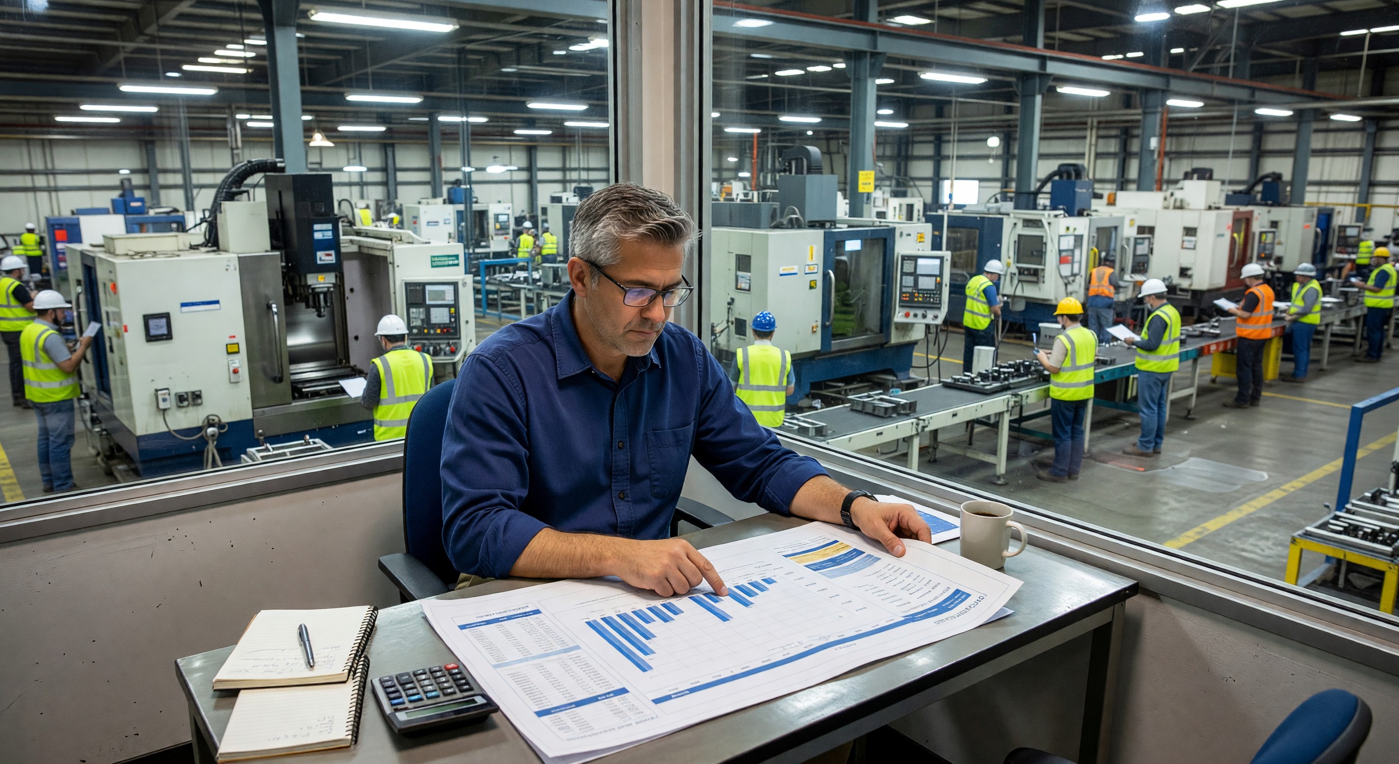 Procurement manager reviewing production capacity plans with manufacturing floor visible in background