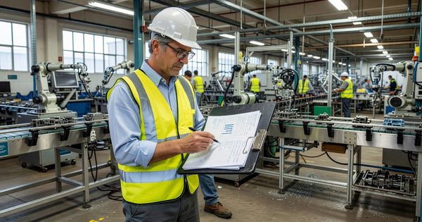 Quality auditor with clipboard reviewing production line documentation at a manufacturing facility