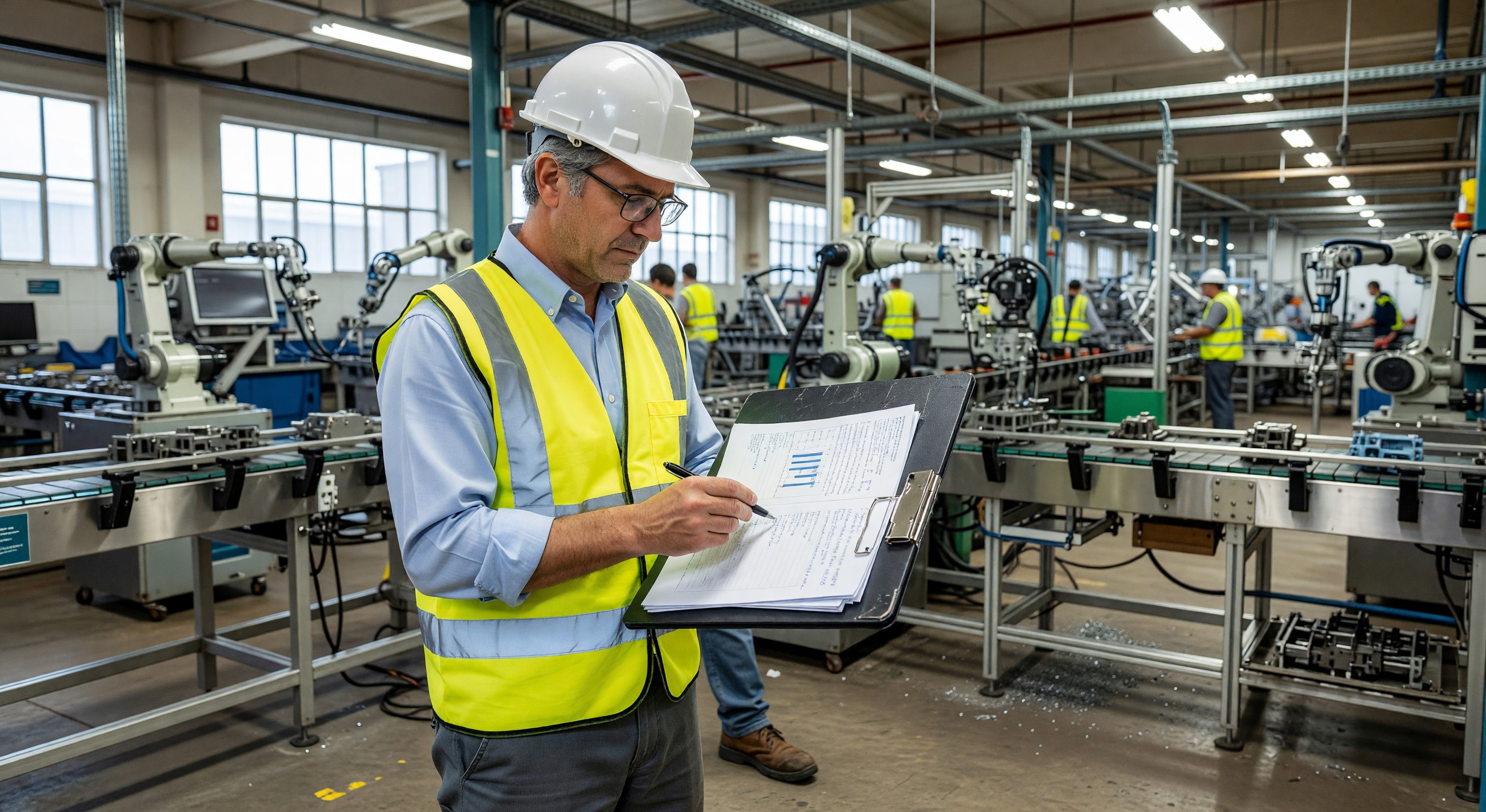 Quality auditor with clipboard reviewing production line documentation at a manufacturing facility