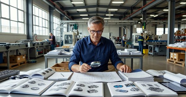 Procurement professional reviewing manufacturer catalogs and supplier documentation in an industrial setting