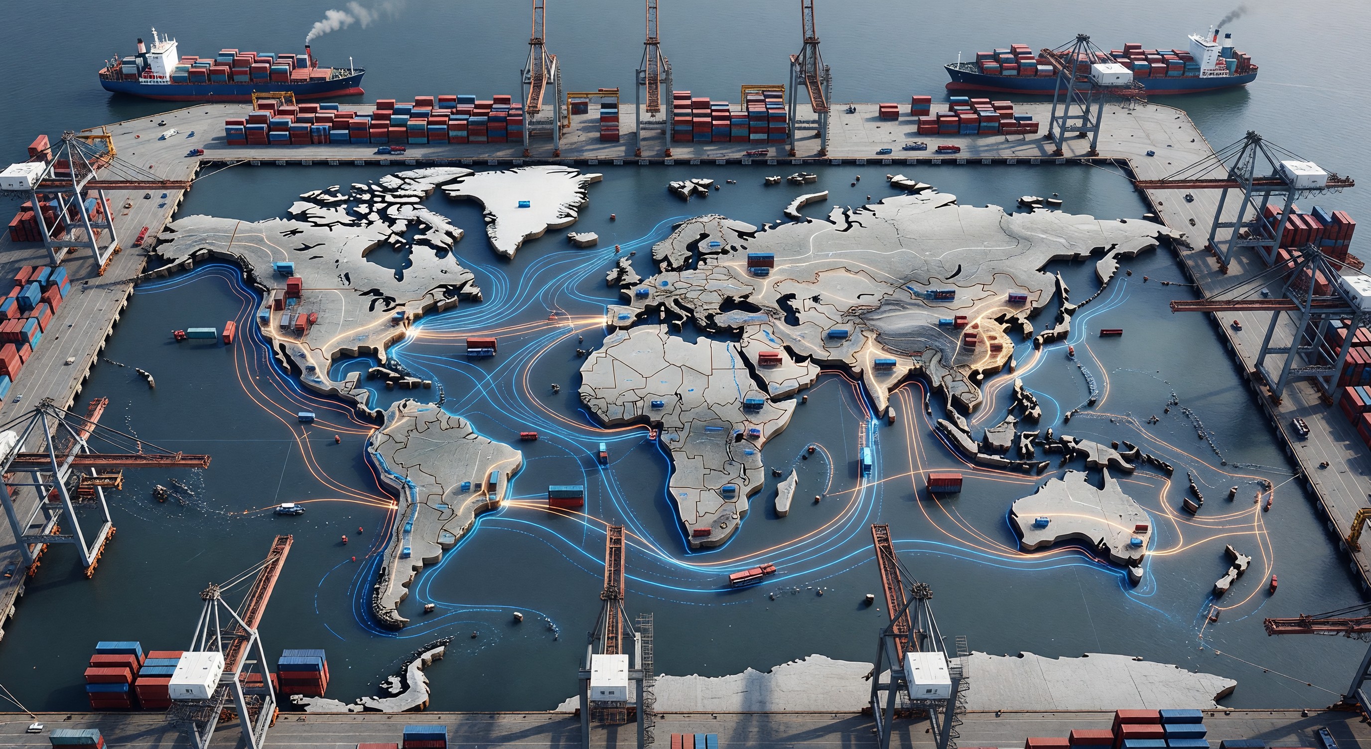 Global supply chain map showing trade routes with shipping containers and port infrastructure