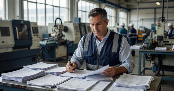 Quality manager reviewing certification documents and inspection records at a manufacturing facility