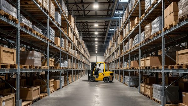 Warehouse aisle with pallet racking partially filled, forklift staged at the end of a row