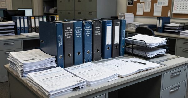 Certification documents and quality standards binders arranged on a quality management desk in an industrial office