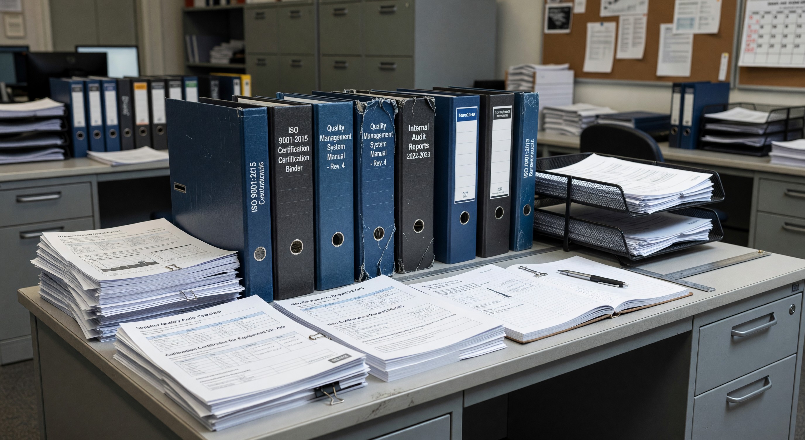 Certification documents and quality standards binders arranged on a quality management desk in an industrial office