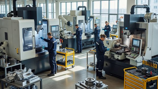 Technicians working at CNC machining stations on a bright, modern factory floor