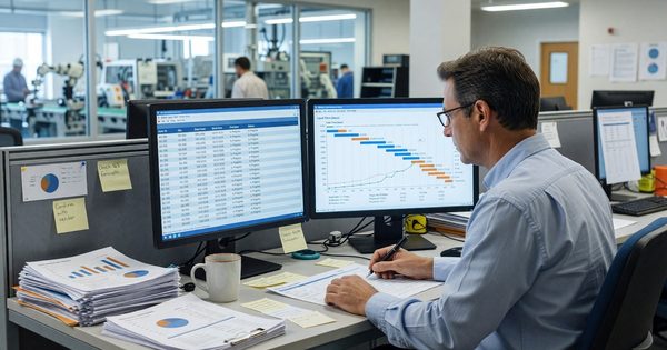 Supply chain planner reviewing production schedule and lead time data on dual monitors in a manufacturing office