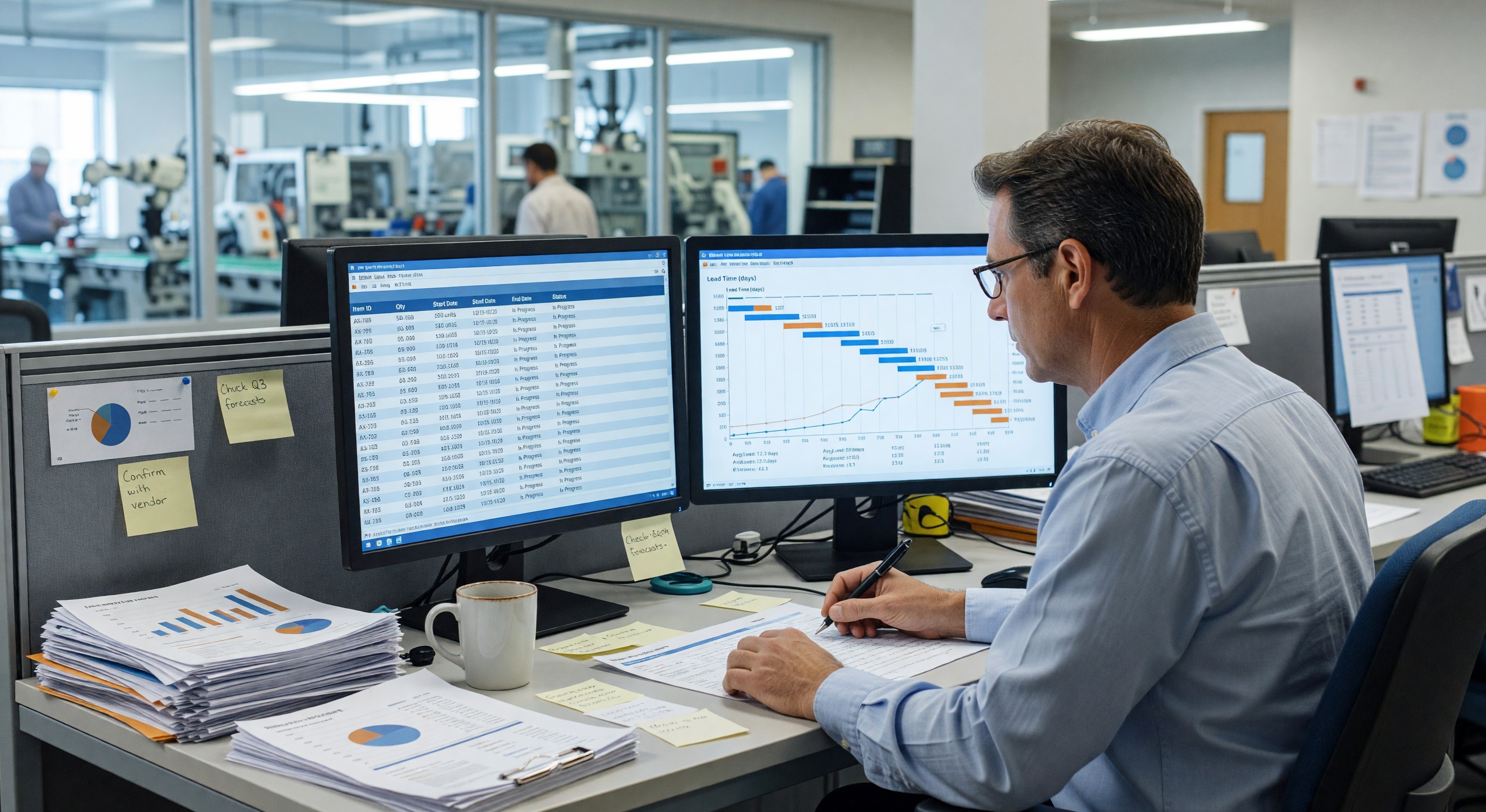 Supply chain planner reviewing production schedule and lead time data on dual monitors in a manufacturing office
