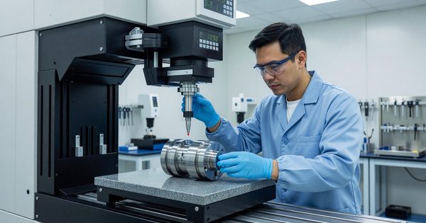 Quality engineer performing dimensional inspection on a precision machined part using CMM equipment