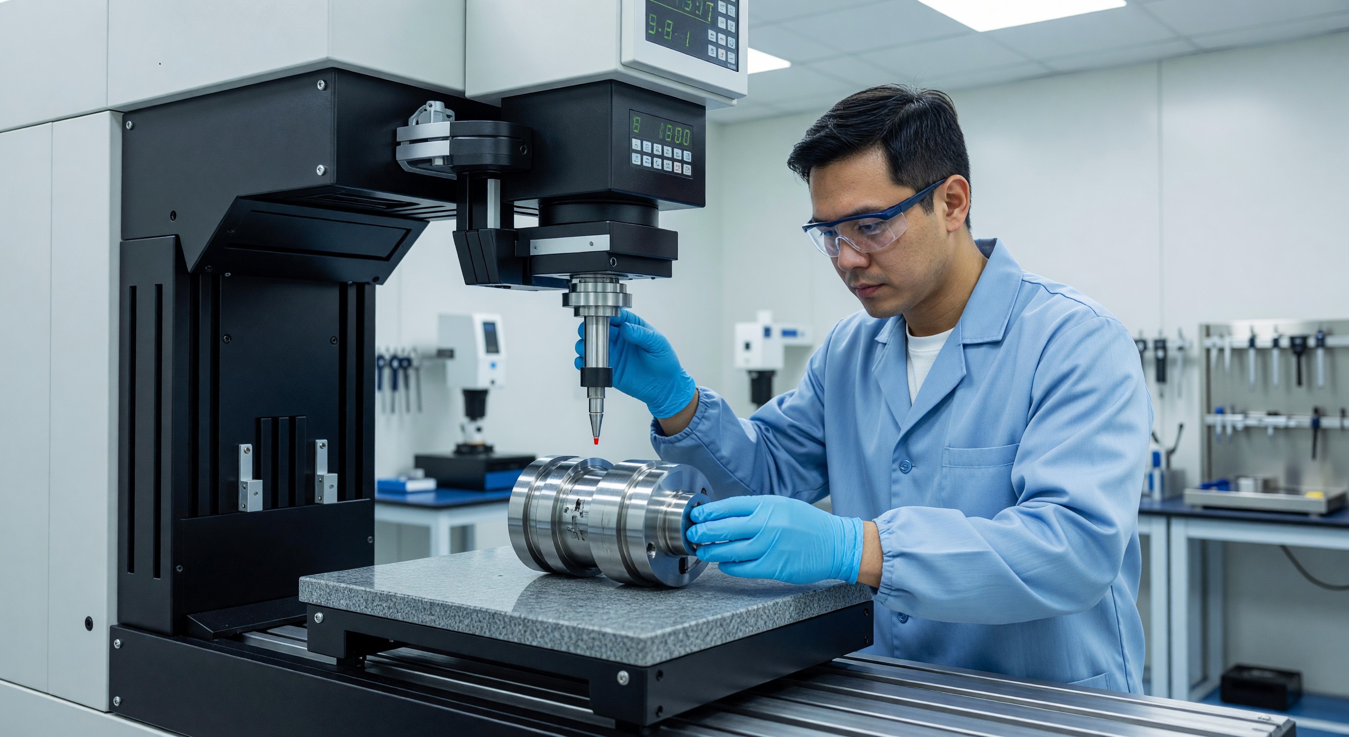 Quality engineer performing dimensional inspection on a precision machined part using CMM equipment