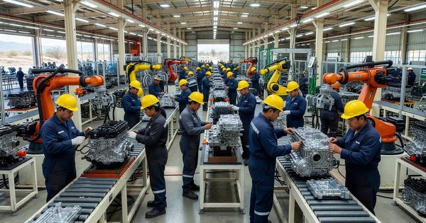 Modern automotive parts manufacturing facility in Mexico with assembly line workers and robotic equipment
