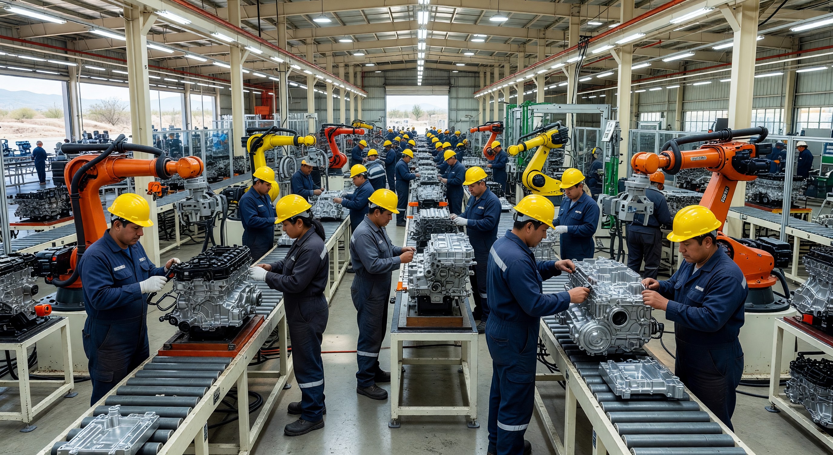 Modern automotive parts manufacturing facility in Mexico with assembly line workers and robotic equipment