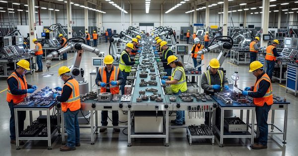 Workers on a US manufacturing assembly line floor with industrial equipment and safety gear