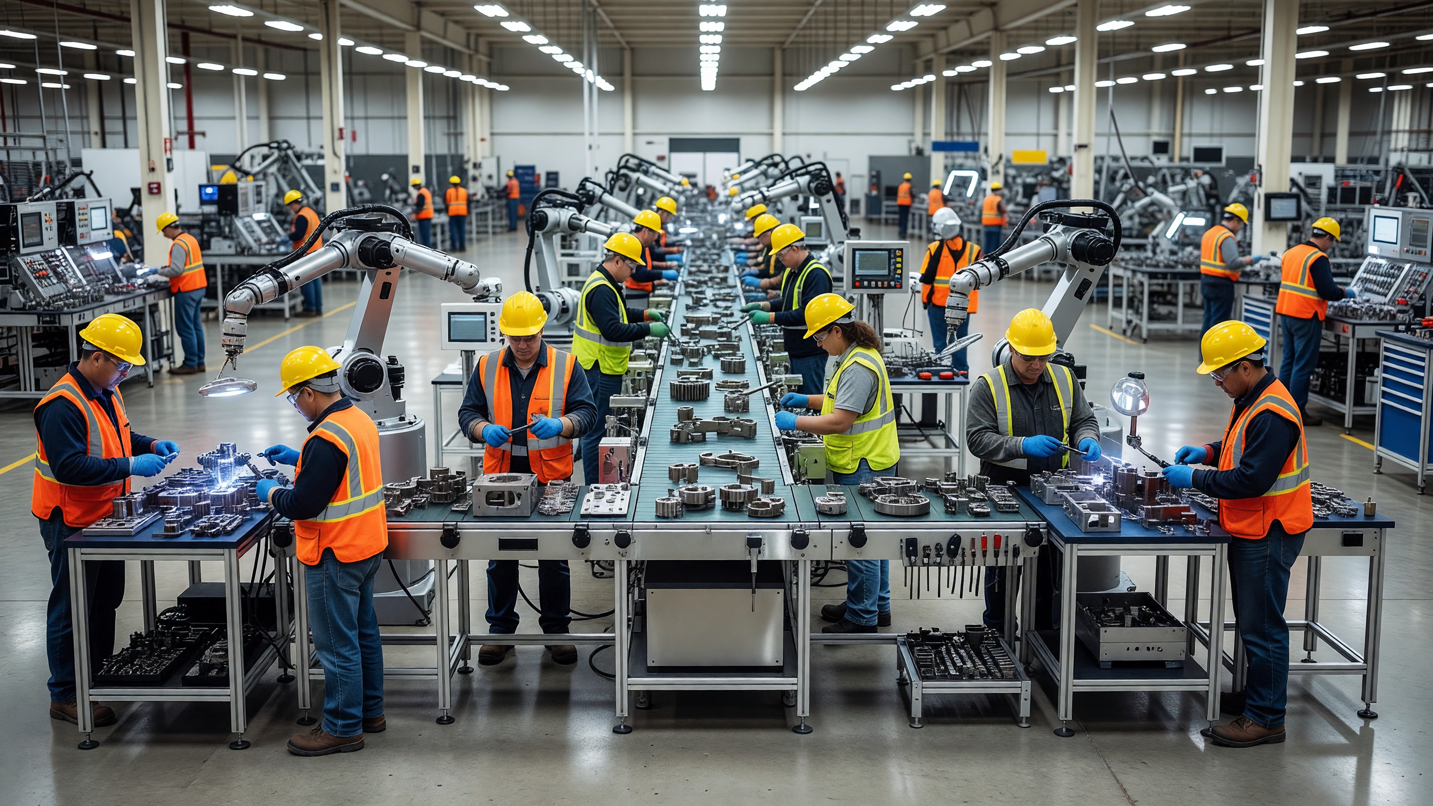 Workers on a US manufacturing assembly line floor with industrial equipment and safety gear