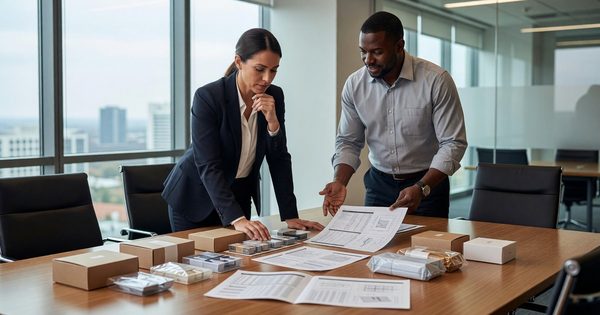 Brand manager reviewing packaging samples and product specifications with manufacturer representative at product development meeting