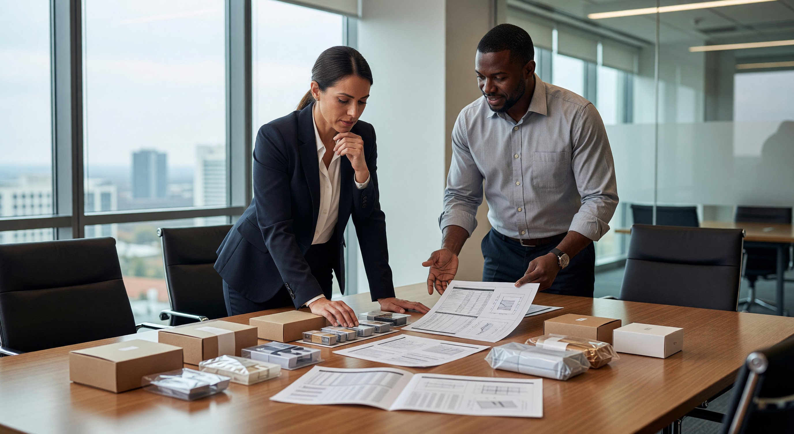 Brand manager reviewing packaging samples and product specifications with manufacturer representative at product development meeting