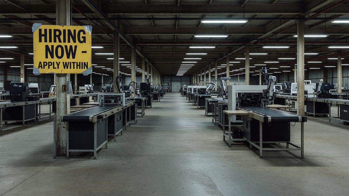 An empty factory production line with unused workstations and a hiring sign visible near the entrance