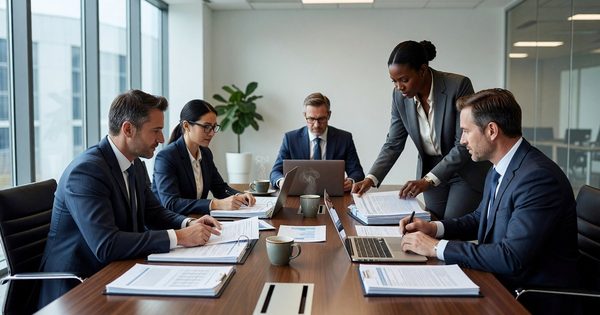 Procurement team reviewing technical specifications and supplier quotes at a conference table in a modern office