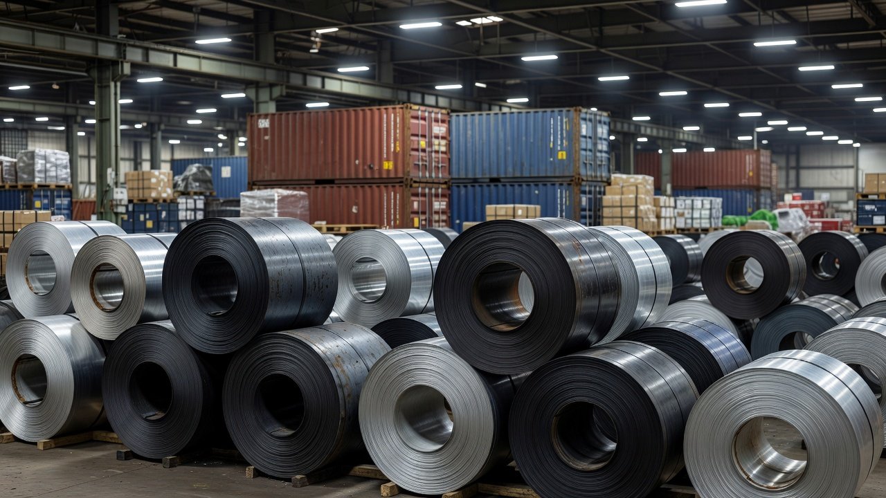 Stacks of steel and aluminum coils in an industrial import warehouse with shipping containers