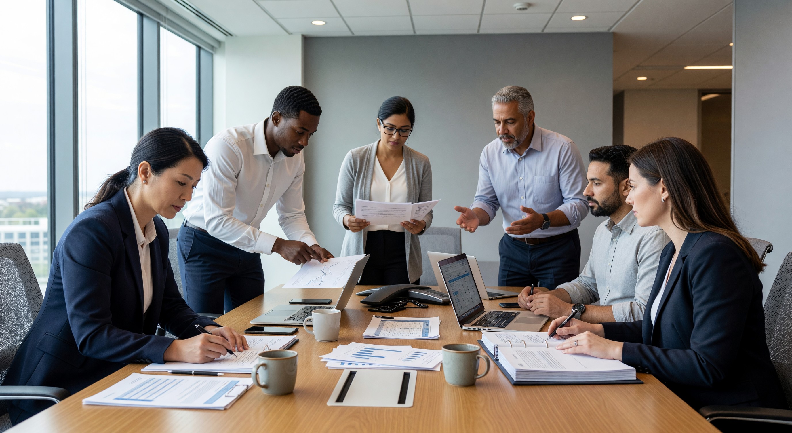 Diverse procurement team reviewing supplier proposals in a modern conference room