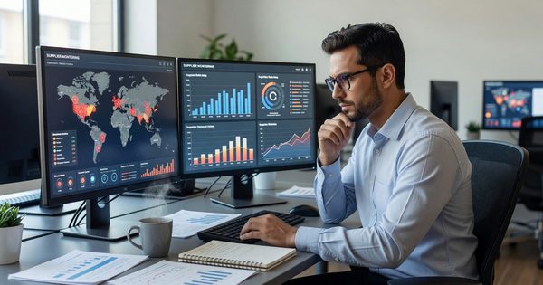 Supply chain risk analyst reviewing supplier monitoring dashboards showing global supplier locations and risk indicators