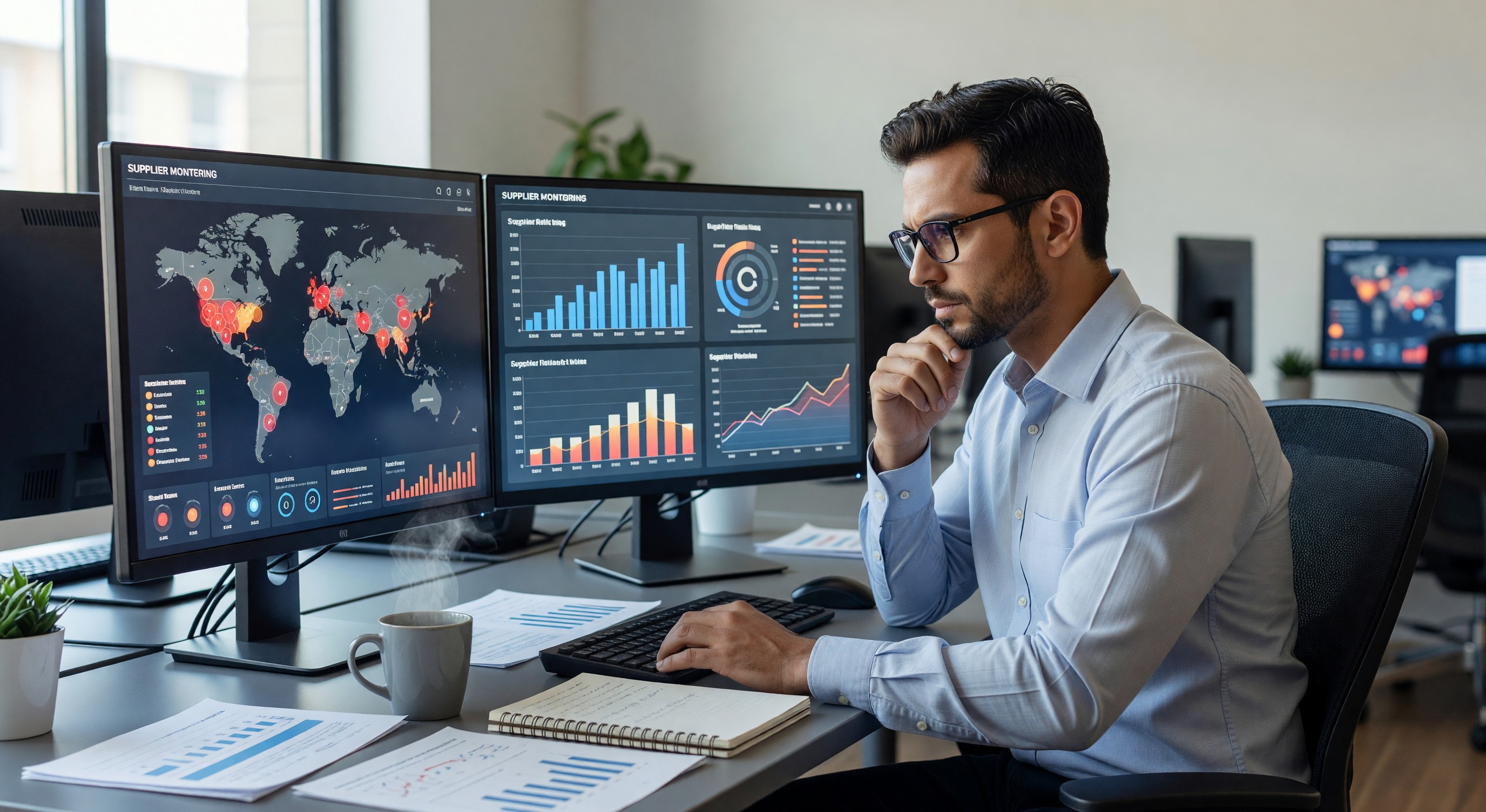 Supply chain risk analyst reviewing supplier monitoring dashboards showing global supplier locations and risk indicators