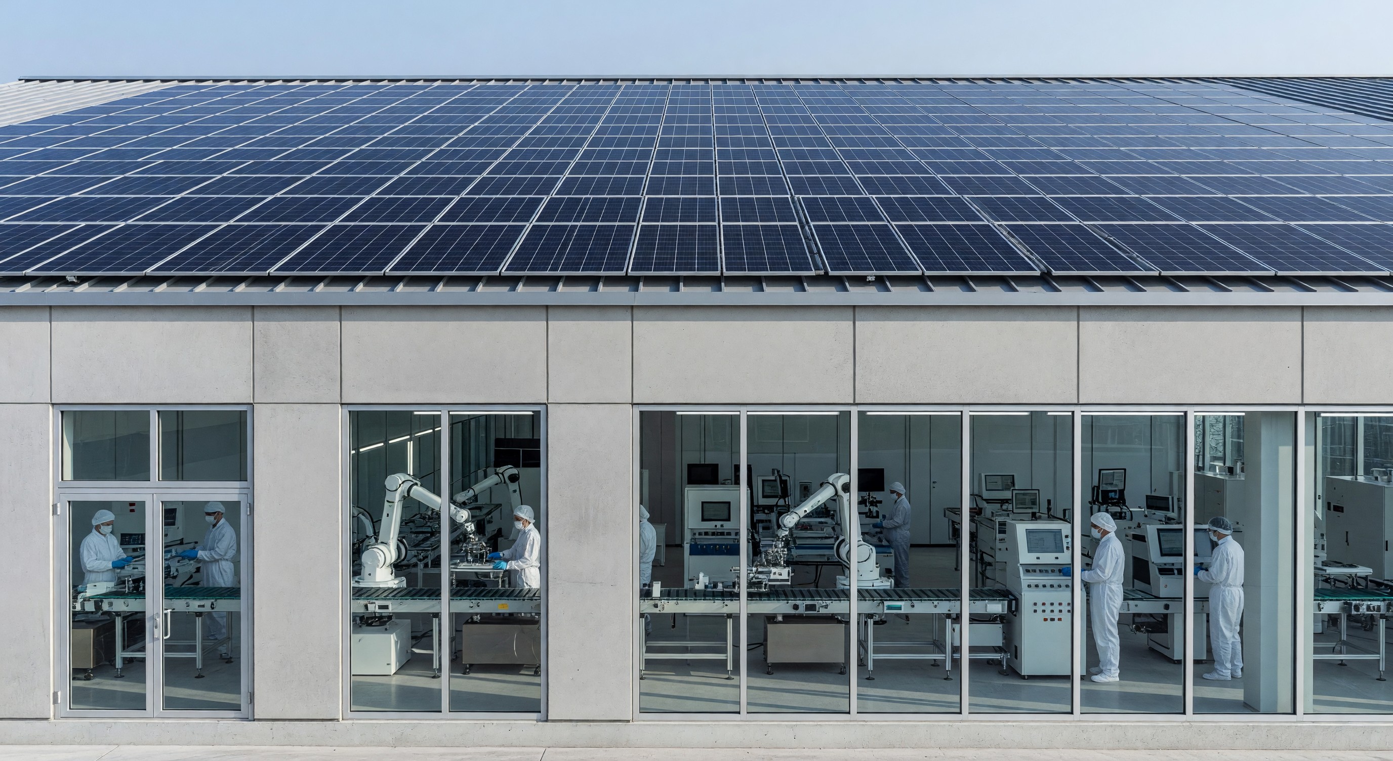 Solar panels on the roof of a modern manufacturing facility with clean production lines visible through large windows