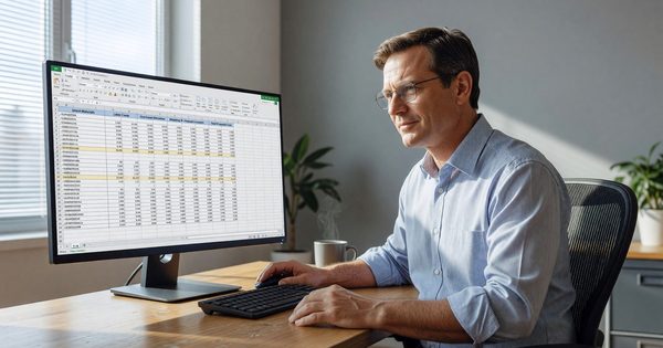 Procurement analyst building a cost model with multiple cost category columns on a large monitor
