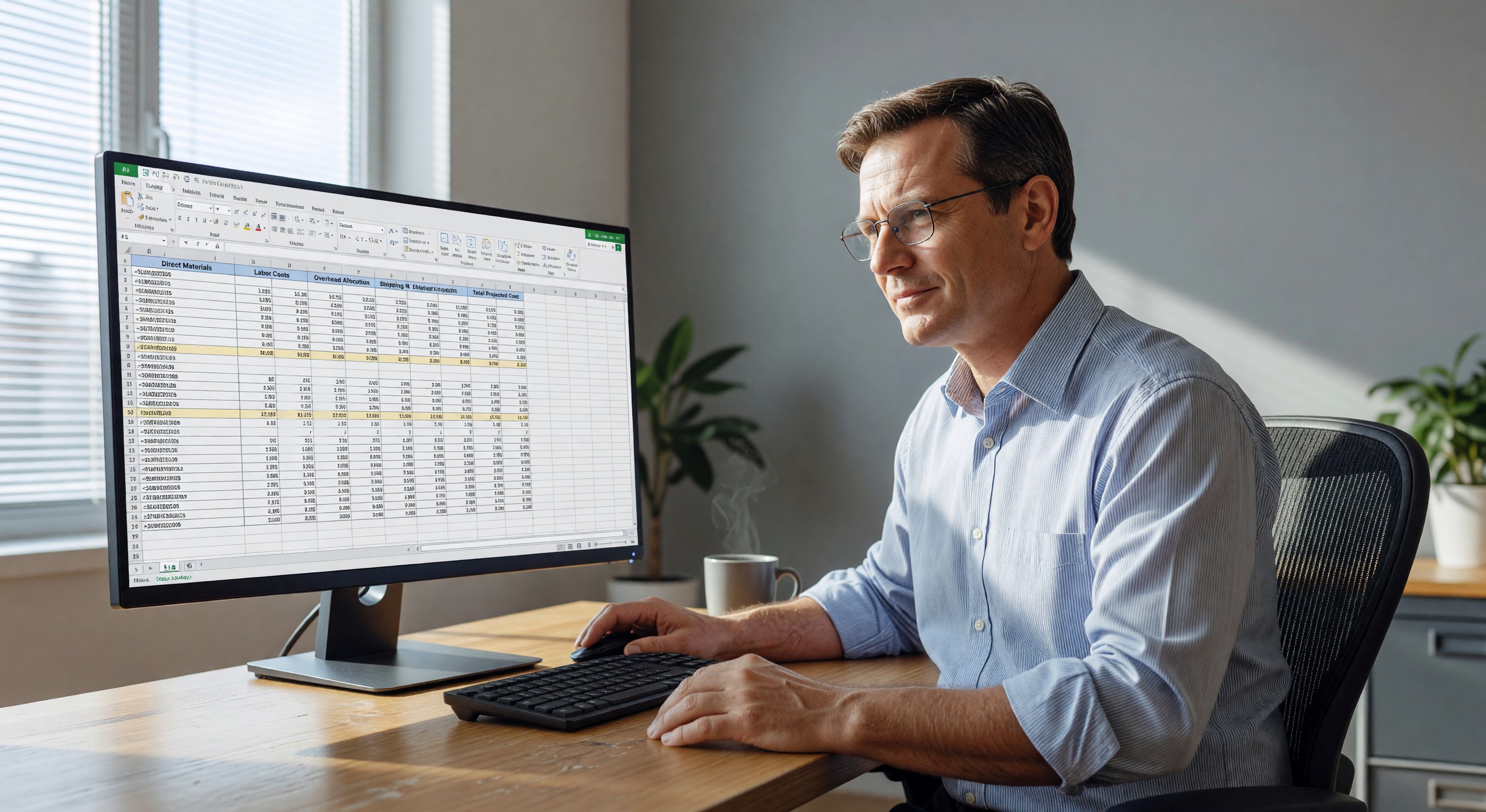 Procurement analyst building a cost model with multiple cost category columns on a large monitor