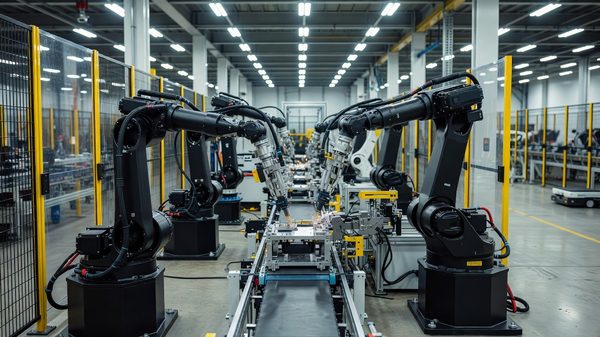Industrial robot arms working along an automated assembly cell inside a manufacturing plant
